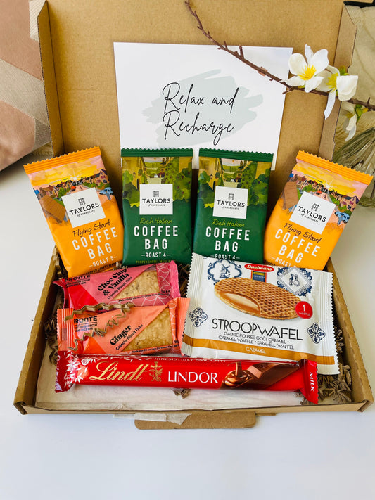 A letterbox gift delivered straight through the letterbox. It includes 4 Taylor Coffee Bags, 2 packs of Brontë biscuits, a stroopwafel and a Lindt lindor milk chocolate bar. With an option of gift cards and your own personalised message delivered straight to the recipient