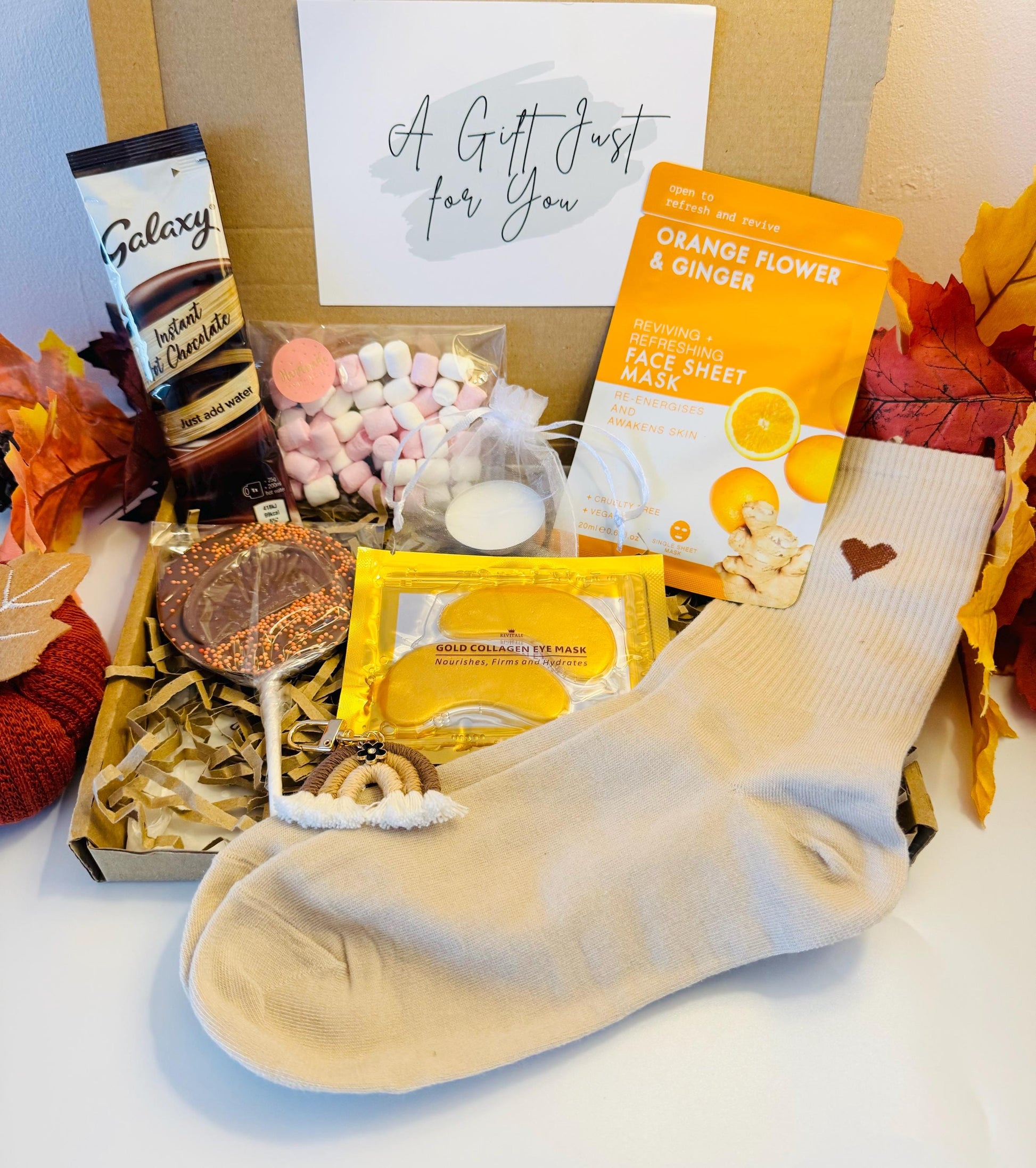 Autumn Cosy Gift Box Orange Chocolate Lolly Vitamin C Face Mask Rainbow Keyring Hot Chocolate and Marshmallows