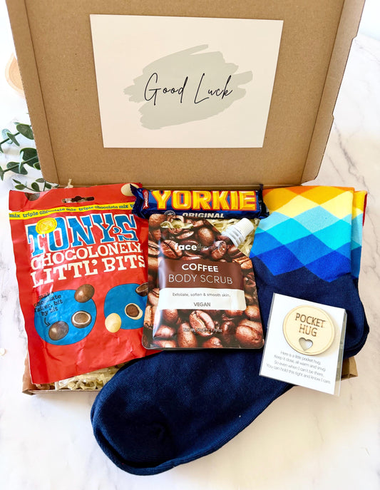 Good Luck Gift for Men - Exam Care Package - Gifts for Boys - Good Luck Letterbox Gift - Hug in a Box for Him - New Job Gift - Exam Survival