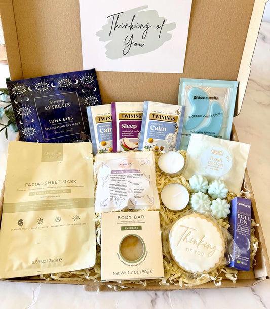 May include: A care package containing various self-care products. It includes under eye masks, a self heating eye mask, tea bags, a facial sheet mask,handmade Lavender Bath bomb, 2 tea light candles, fresh cotton wax melts, lavender roll on, a soap bar, and a ‘thinking of you iced biscuit. Comes with your chosen gift card and a personalised message ready to send direct to the recipient