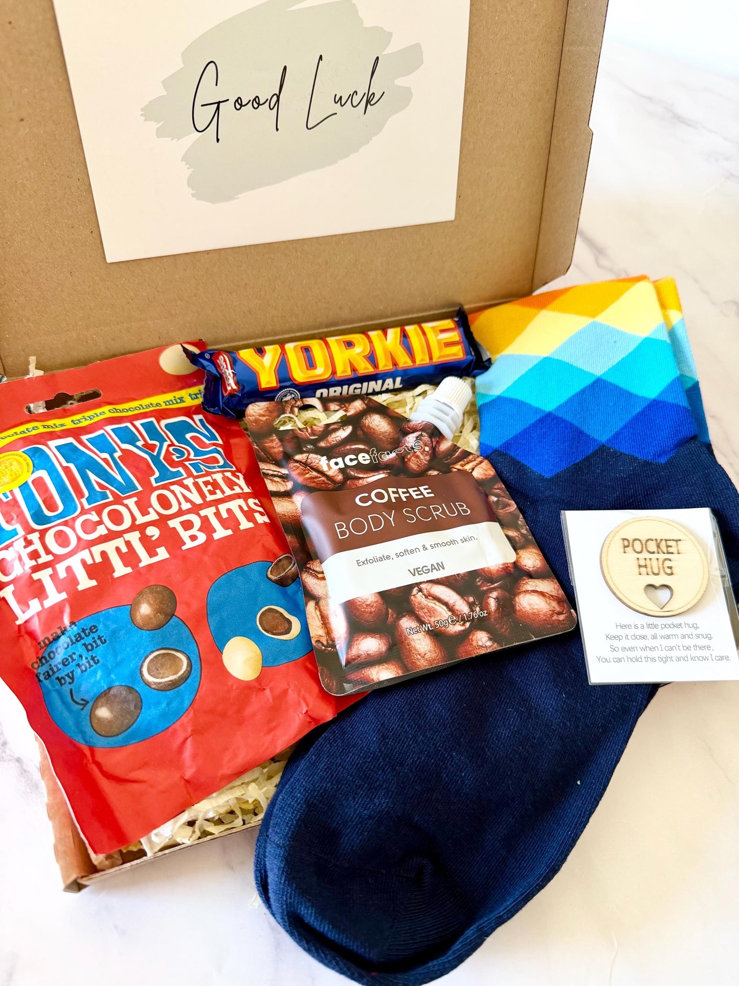 Good Luck Gift for Men - Exam Care Package - Gifts for Boys - Good Luck Letterbox Gift - Hug in a Box for Him - New Job Gift - Exam Survival