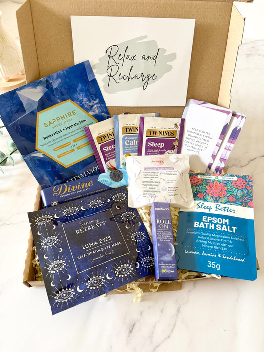 our sleep box includes a self heating eye mask, lavender roll on, face sheet mask, lavender bath bomb, bath salts, divine milk chocolate bar, 3 sleep cards, 2 Sleep twinings tea and 1 calm twinings tea bag. Pick from a selection of gift cards and have your own personalised message included….ready to send direct to the recipient
