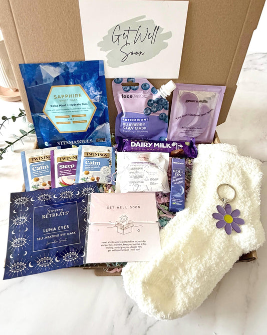 our A4 gift box option includes cosy socks, flower keyring, self heating eye mask, Cadbury chocolate bar, get well soon bracelet, lavender roll on , face sheet mask, under eye mask, blueberry Clay face mask, herbal tea bags, bath bombs and tea light candles. ready to send direct to the recipient
