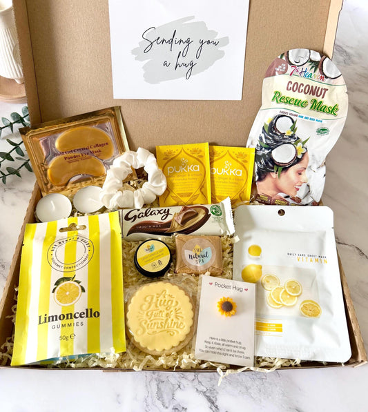 Box Of Sunshine Hug in a Box - Pamper Hamper - Get Well Soon Recovery Gift - Sympathy Thinking of You Gift - Letterbox Gift - Care Package