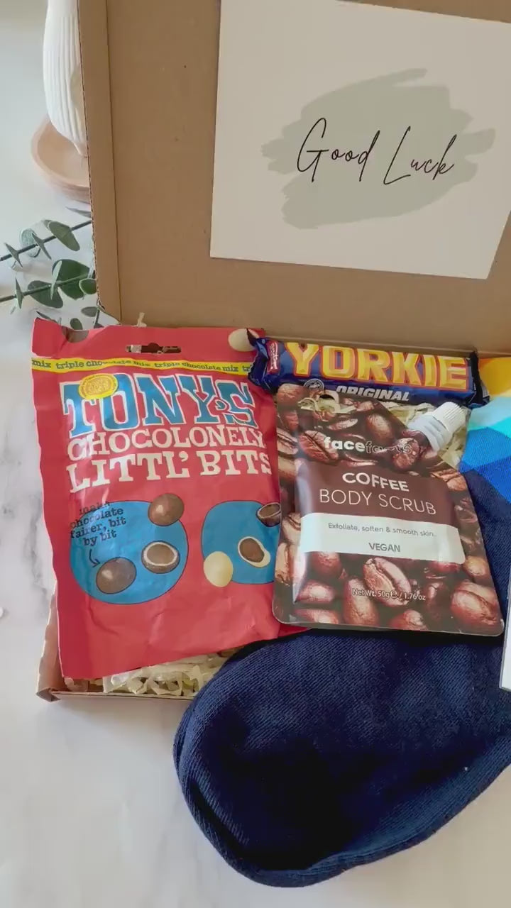 Good Luck Gift for Men - Exam Care Package - Gifts for Boys - Good Luck Letterbox Gift - Hug in a Box for Him - New Job Gift - Exam Survival